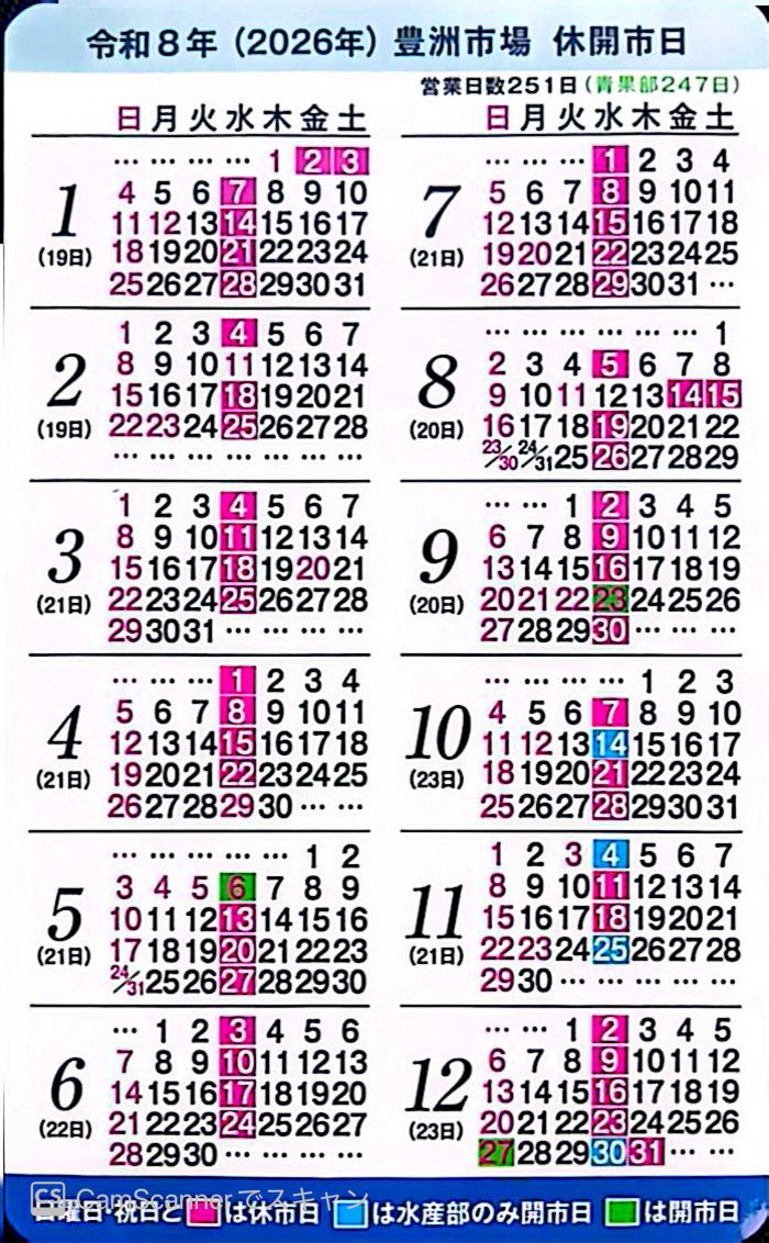 2026年築地・豊洲市場カレンダー